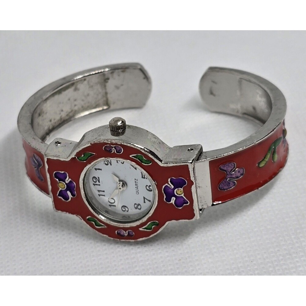 Women's Trendy Round Floral Red Silver Tone Cuff Bracelet Watch 13 - Picture 6 of 8